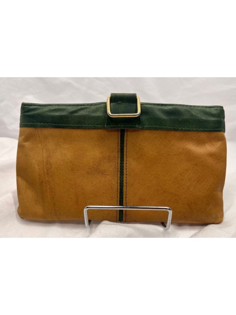 Vintage St. Thomas Two Tone Clutch Tan Green Gold Hardware Retro Purse